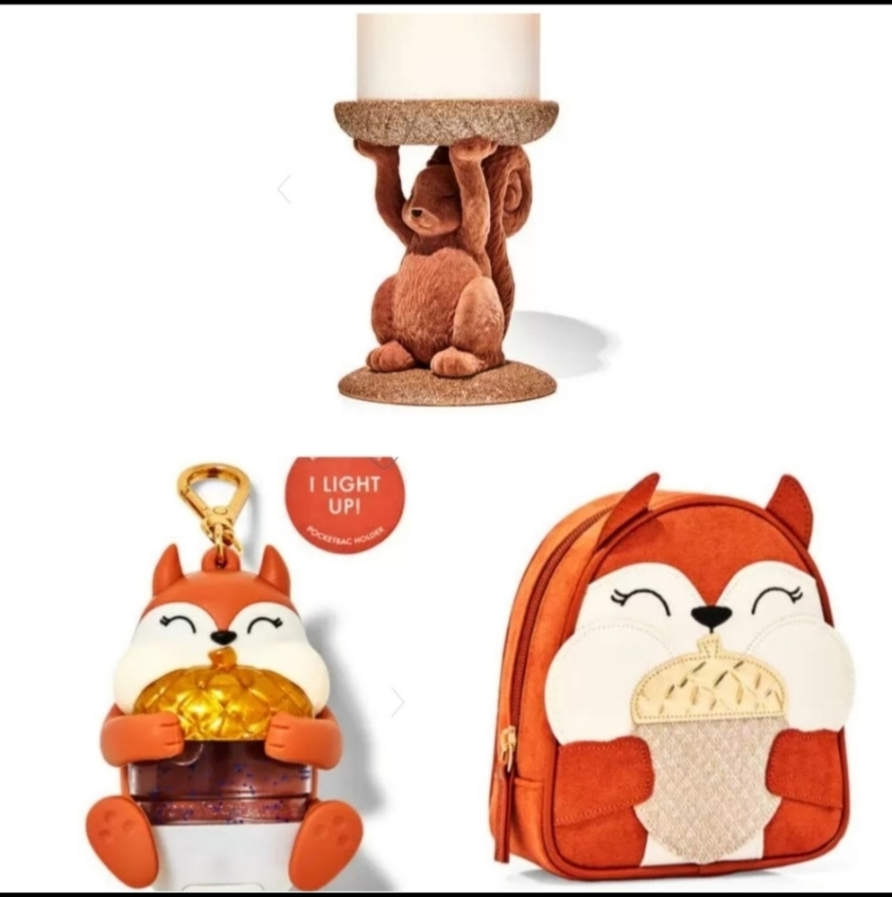B&BW FALL SQUIRREL CANDLE HOLDER,POCKETBAC,COSMETIC BAG.